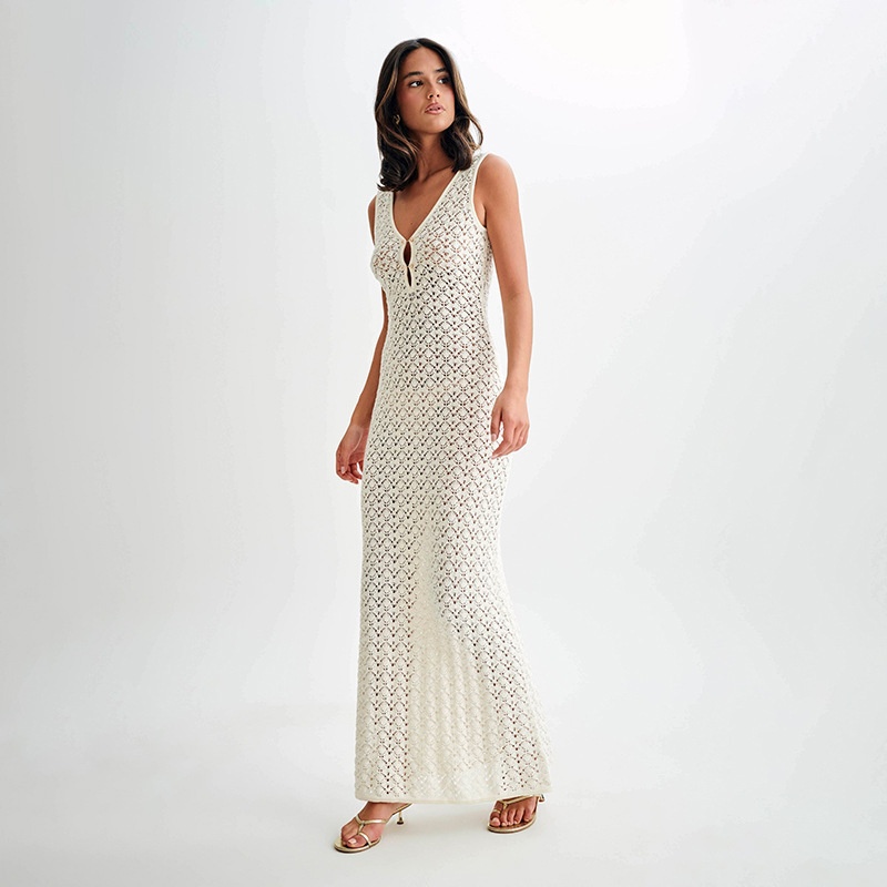 Women Hollow Knitted Beach Dress Summer Sleeveless Slim Cover-up Dress
